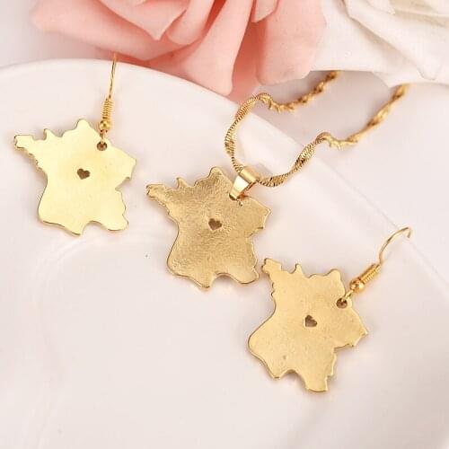 Gold France Map Pendant with Love Heart copper Geography Souvenir Gift Gold Women Charm Necklaces earrings set party Jewelry