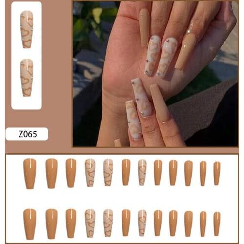 High Quality 24pcs Love Heart Printed Nail Patch Rhinestone Inlaid Glue Type Removable Long Paragraph Manicure False Nail Patch