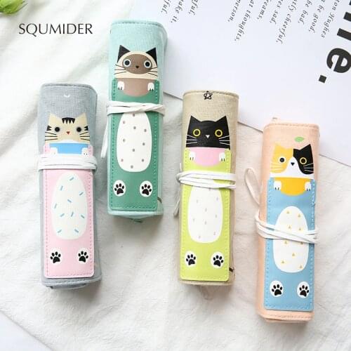 SQUMIDER Cute Creative Cute Cat Pencil Case Rolling Curtain Dual Purpose Multi-function Pen Bag Students Personality Stationery