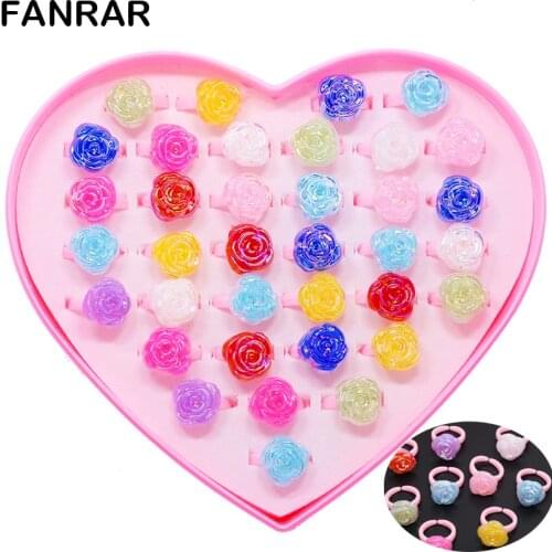 Wholesale 20Pcs Kids rose Rings Mixed Colors Colorful Flower Finger Ring Adjustable For girl Children party toy Gift
