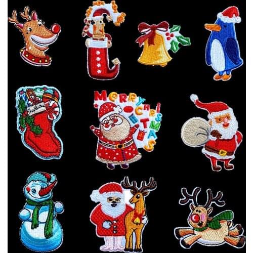 Hot sale Christmas Bell Elk Santa Claus Embroidery Patches Iron On Badges Cute Fabric Sew Stickers DIY Clothing Jeans Accessory