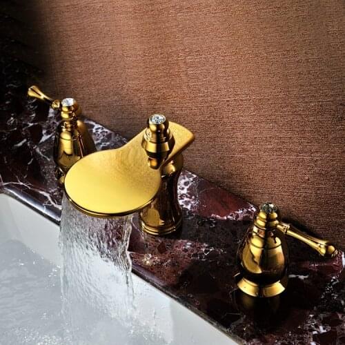 Copper European Gold Bathroom Sink Faucet hot and cold waterfall faucet
