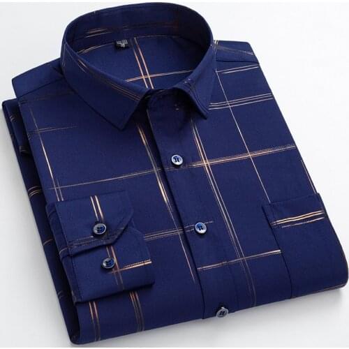 Mens Wrinkle Free Stretchy Casual Striped Printed Shirts Single Patch Pocket Long Sleeve Standard-fit Soft Thin Easy Care Shirt