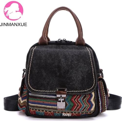 New Handbag Retro Ethnic Style Shoulder Bag Contrast Color Fashion Crossbody Bag Multifunctional Portable Denim Casual Backpack