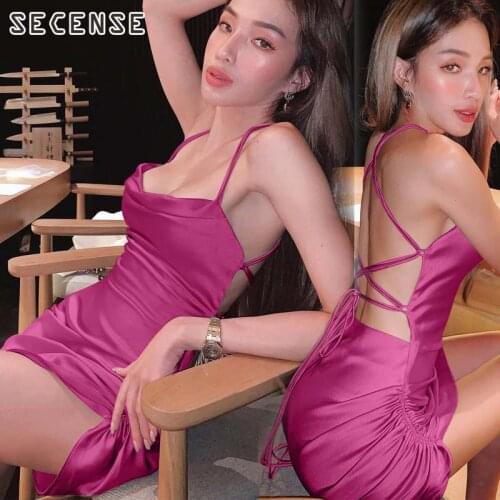 Dress Women Satin Bodycon Asymmetry Spaghetti Strap Dresses Sexy Party Lace Up Sundress Polyester Solid Color Drawstring Dress