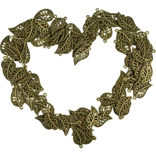 100 Pieces Bronze Filigree Hollow Leaf Charms Pendants Jewelry DIY Makings