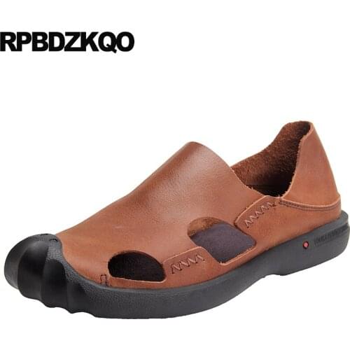 Slip On Brown Closed Toe Casual Outdoor Men Sandals Leather Summer Water Fashion Slides Shoes Breathable Black Slippers 2019