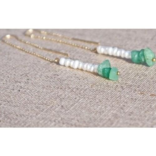 Threader earrings Tiny seed pearl green jade thread earring Asian style long chain earrings