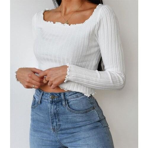 Spring T Shirt Women Long Sleeve T-shirt Crop Top 2020 Fashion Lady Knitted Solid Sexy Short t-shirt