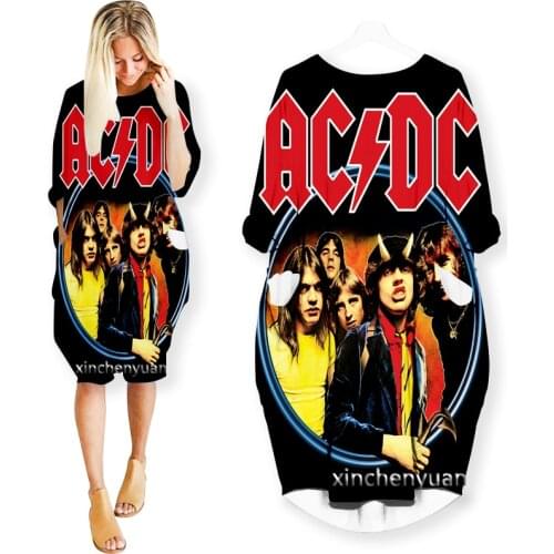Xinchenyuan 3D Print AC DC Rock Band Dresses Fashion Casual Mid-length Dress Women Clothing Pocket Long Sleeve Top R09