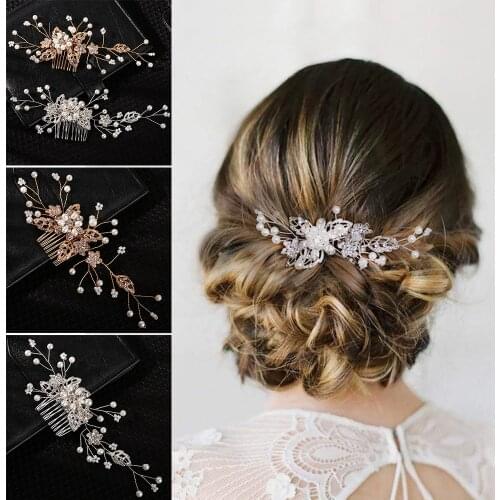 1pc Fashion Luxury Blue Flower Hair Combs Headdress Prom Bridal Wedding Hair Accessories Gold Leaves Hair Jewelry Hair Pins