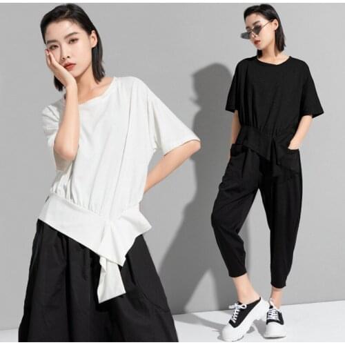 Womens summer new personality hip hop street hem cross irregular designer size short sleeve top