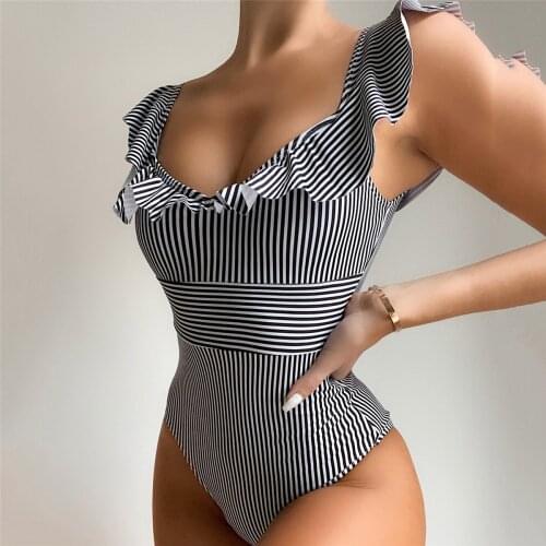Ruffle Swimwear Women 2021 One Piece Swimsuits Sexy High Cut Bodysuits Striped Bathing Suit Push Up Patchwork Swimming Suit