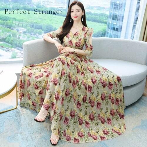 High Quality 2021 Summer Dress For Women V Collar Floral Printed Short Sleeve Women Chiffon Long Dress
