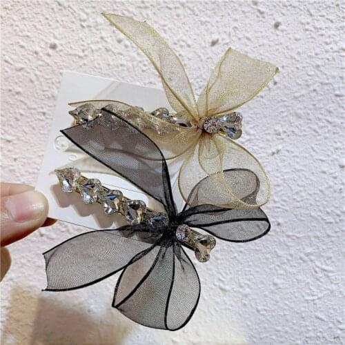 2021 New Hair Accessories Female Heavy Industry Bowknot Crystal Hairpin Elegant Retro Fashion BB Clip Broken Hair Edge Clip