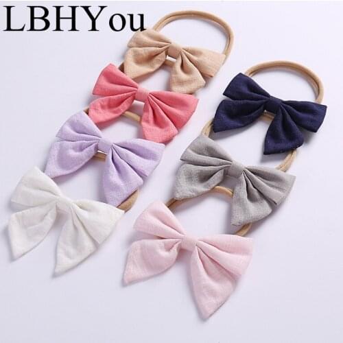 8pc Girls Nylon Headbands Newborn Cotton Linen Bows Elastic Nylon Headbands Soft Stretchy Nylon Headwraps Hair Accessories 0-6T