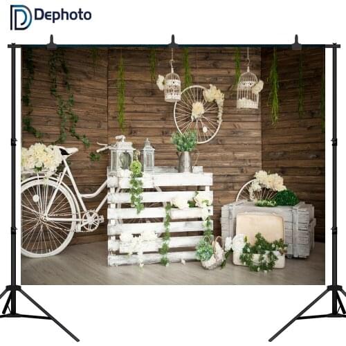 DePhoto white bicycle Photogrpahy backdrops Wood floor flowers Photo background newborn shower backdrop wedding photo props
