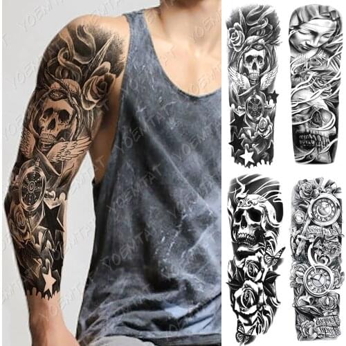 Large Arm Sleeve Tattoo Skull Wings Star Waterproof Temporary Tatto Sticker Rose Angel Body Art Full Fake Tatoo Women Men