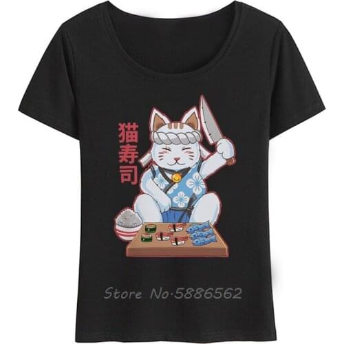 Japan Traditional Style Neko Cat Sushi Anime T Shirt Women Summer Casual Short Sleeve Tshirt Femme Kawaii Streetwear t-shirt