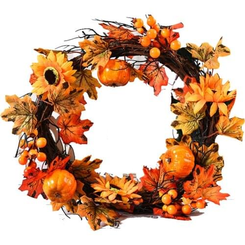 Fake Flower Artificial Hanging Pumpkin Wreath Simulation Garland Festival Front Door Decorations Halloween Rattan Circle