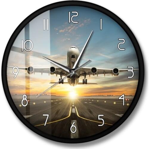 Commercial Airplane Taking of Runway in Dramatic Sunset Light Modern Home Decor Huge Two Storeys Commercial Jetliner Wall Clock