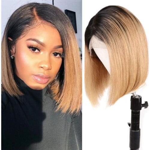 Brazilian 4x4 Blonde Bob Closure Wig Preplucked Ombre 1B 27 Straight Short Bob Wig 13x4 Remy Lace Front Human Hair Wigs 180