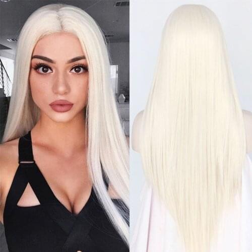 Cheap Silky Straight Top Quality White 60# Synthetic Lace Front Wig Heat Resistant Long Hair Light Blonde 0809# For Black Women