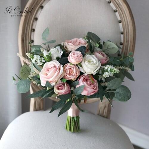 PEORCHID Romantic Eucalyptus Rose Bride flower Bouquet Artificial Europe Style Dusty Pink Wedding Bouquets Buque De Noiva