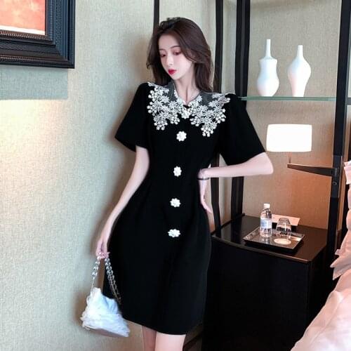Dresses for Women 2021 Summer New Style Retro Doll Collar Short-sleeved Black Dress Lace Print Single-breasted Solid Mini Dress
