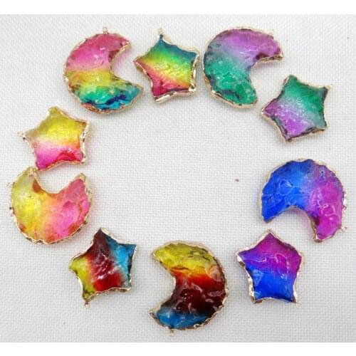 Natural Gem stone Quartz Rainbow Crystal Golden edging Stars moon pendants For Diy jewelry making necklace Accessories 6pcs