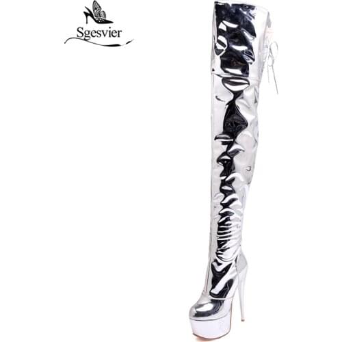 Sgesvier Patent Leather Sexy Thigh High Heel Boots Winter Women Over the Knee Boots Night club Dress Party Platform Shoes OX629