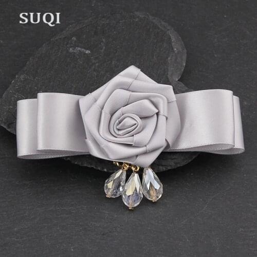 SUQI Fashion Crystal drops Bead Ribbon Hand-folded rose Womens Brooches pin Jewelry Flowers bow Brooch Pins clothes Decoration
