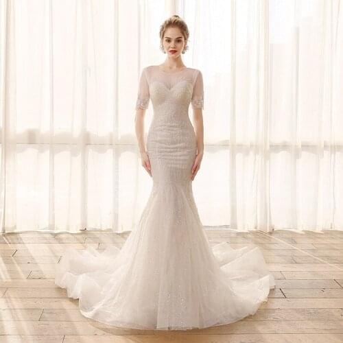 SL6810 real picture mermaid wedding dress heavy beading sequins tulle short sleeves bridal gowns tulle off white wedding gowns