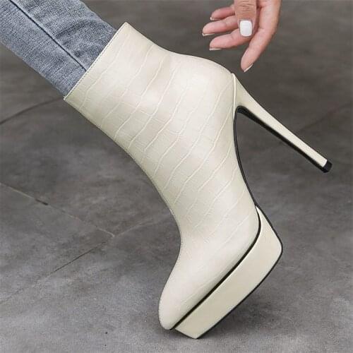 Punk Goth Party Pumps Womens Pointed Toe Genuine Leather Ankle Boots Stiletto High Heels Platform Pumps 34 35 36 37 38 39 40 41