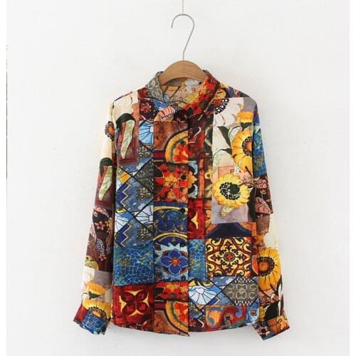 Summer Fashion Women Retro Floral Sunflower Shirt Long Sleeve Loose Chiffon Blouse Casual Lapel Tops Feminina Blusas 2021 Blusas