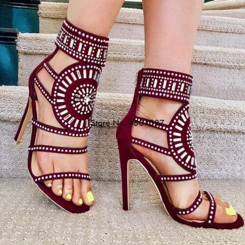 Sexy Women Wine Red Crystal Dress Sandals High Heel Strappy Shoes Open Toe Beaded Diamond Sandals Runway Shoes