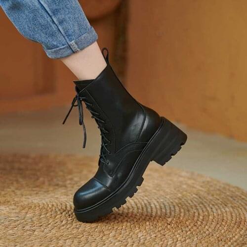 MORDOAN Genuine Leather 2021 Autumn Womens Boots Lace-up Platform Shoes Ankle For Women