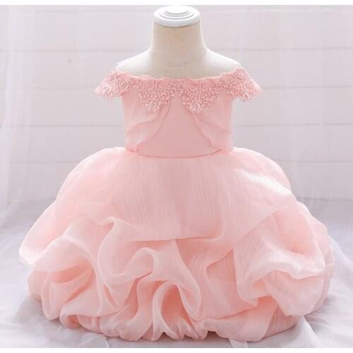 2021 Summer Bud Dress 1st Birthday Dress For Baby Girl Clothes Lace Princess Baptism Dresses Flower Party One Shoulder Dress