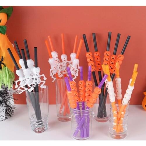 5pcs/lot Horror Skull Pumpkin Plastic Straws For Halloween Party Decoration Childrens Cocktail Drink Straw Supplies