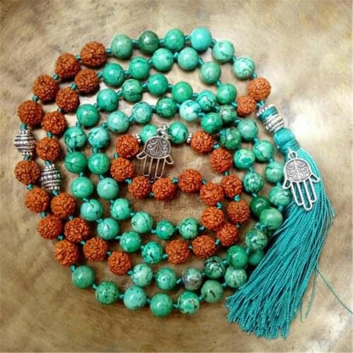 8mm Turquoise Rudraksha 108 Beads Handmade Tassel Necklace Yoga Classic Prayer Buddhism Wristband Chakra Spirituality