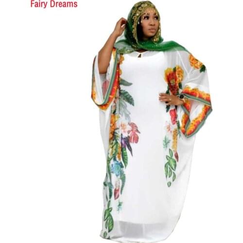 African Dress White Flower Print Womens Clothing Long Robe African Chiffon Digital With Inner Loose Two-Piece Set