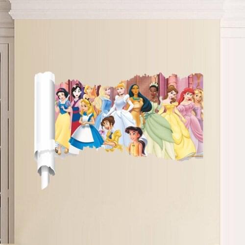 Disney Snow White Ariel Belle Cinderella Princess 3D View Wall Sticker For Kids Room Home Decora Cartoon Anime Mural Girls Decal