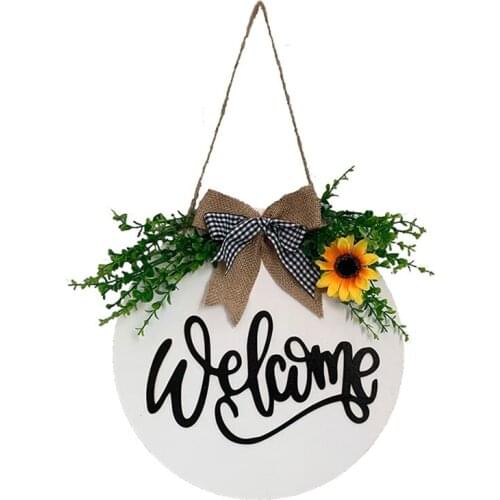 Artificial Sunflower Wreath Door Hanger Welcome Sign for Farmhouse Rustic Wooden Door Hangers Front Porch Decor