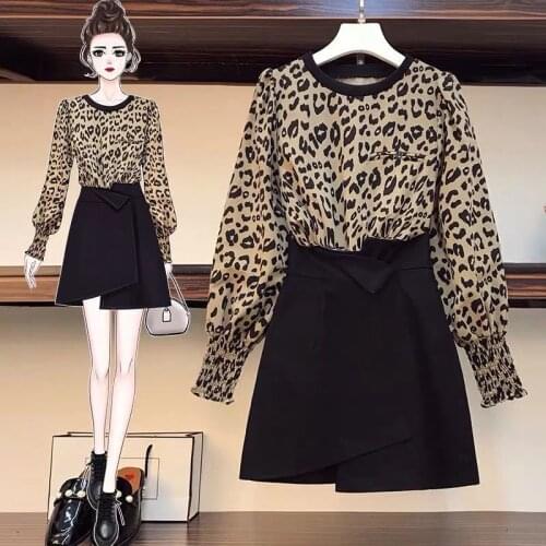 Plus Size Womens 2021 Autumn Suit Female Fashionable Leopard Print Top + Black A-line Skirt Plus Size Two-piece Suit