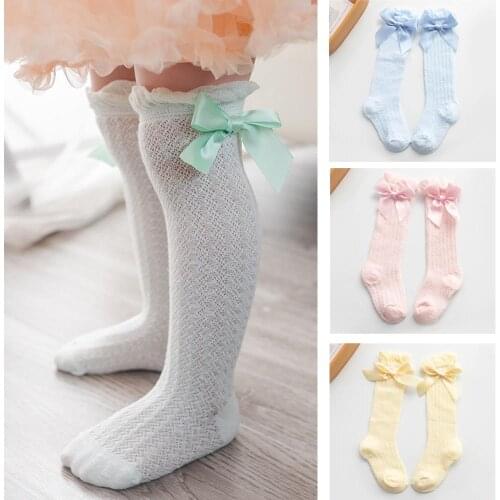 Summer Baby Girls Socks Knee High Soft Cotton Children Socks Mesh Bowknot Infant Sock Breathable Long Socking Pink White