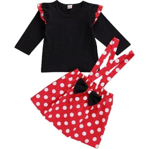 1-3Years Kid Baby Girls Lovely Clothes Sets 2PCS Polka Dot Print Long Sleeve Pullover Tops Strap Dress