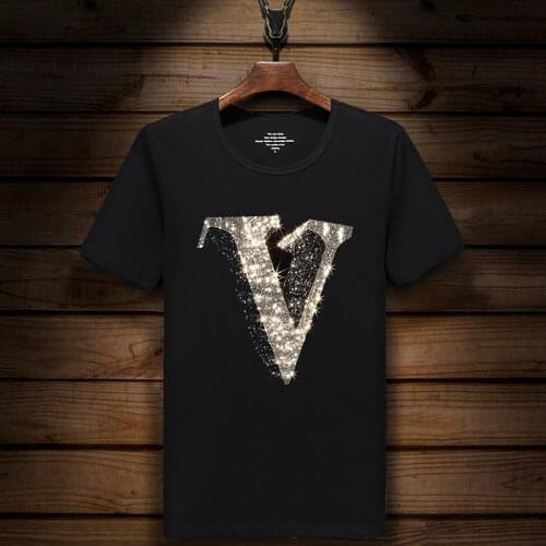 Mens Shinning V Logo Hot Drilling T-Shirt Black Cotton Short Sleeve Rhinestone Eagle T Shirt Top Tee Fashion Crane Clothes New