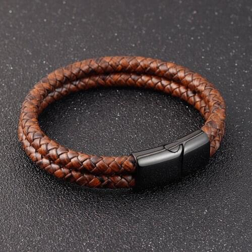 Fashion Mens Punk Stainless Steel Magnetic Buckle Double Leather Woven Bracelet Mens Gift Wristband Bracelet Customized Logo