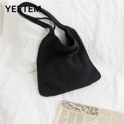 Japanese-style hand-woven khaki soft handbag women 2020 winter new solid color beach bag shoulder thick thread knitted bag