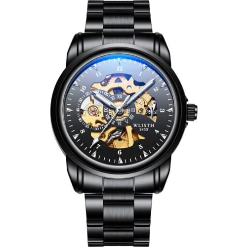 New Black Men Blu-Ray WristWatch Stainless Steel Antique Steampunk Casual Male Clock Automatic Skeleton Mechanical Watches